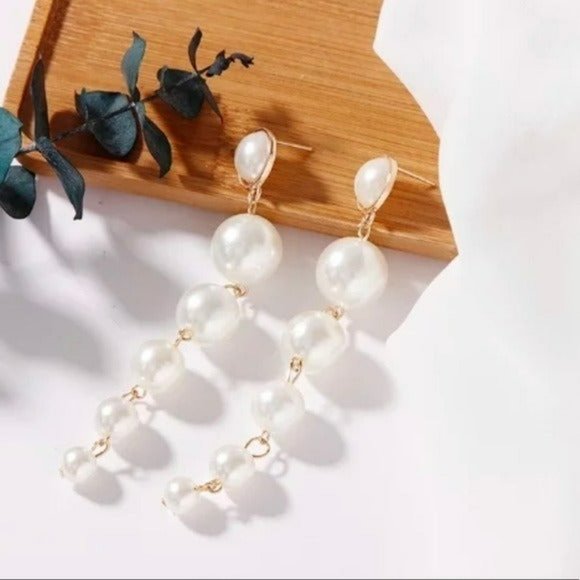 NEW Bohemian Big Faux Pearls String Dangle Long Stud Earrings 3.5” Lenght - Picture 7 of 10